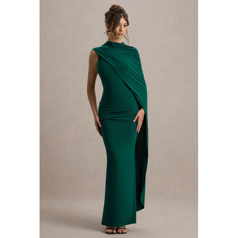 Maeve | Bottle Green Cape-Sleeve Draped Maxi Dress