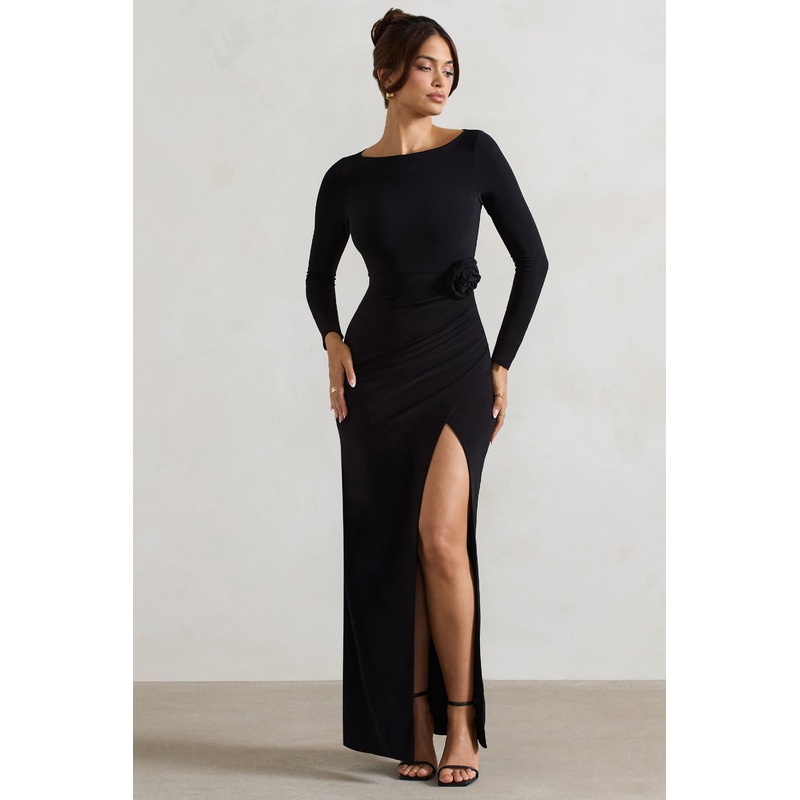 Makayla | Black Long-Sleeve Wrap Maxi Dress With Corsages