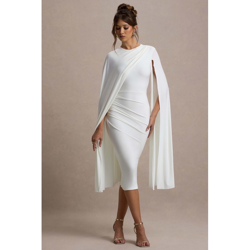 Marysol | White Asymmetric Cape Midi Dress