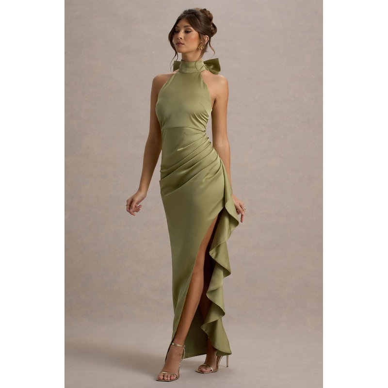 Maureen | Light Green Satin High-Neck Draped Maxi Dress