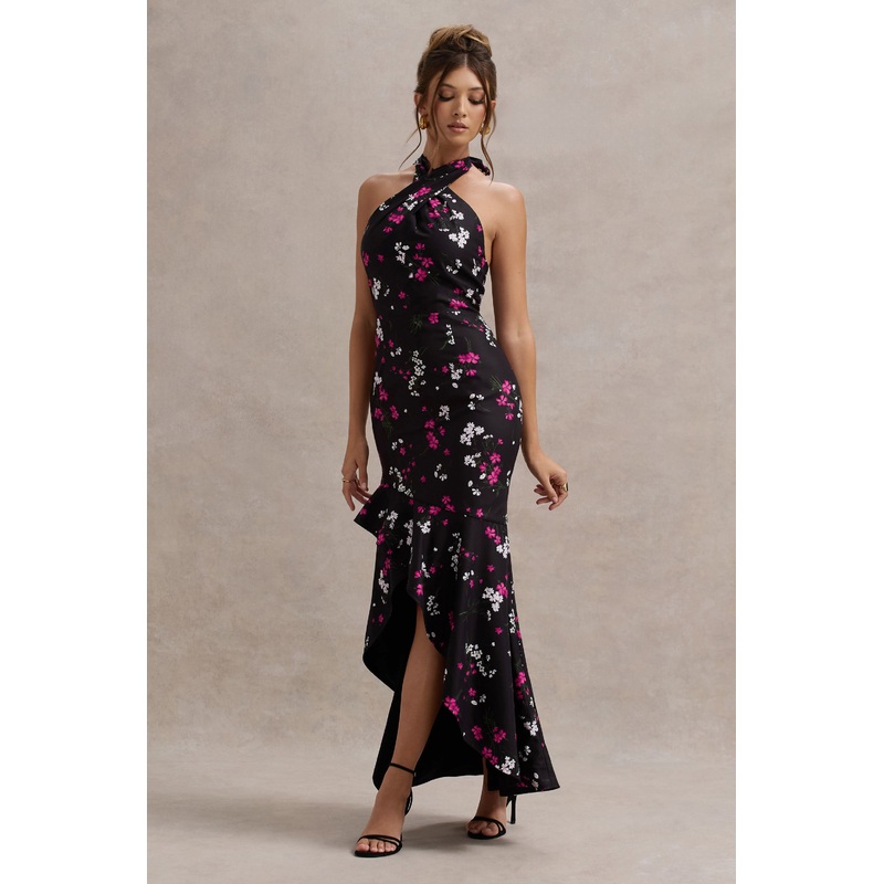 Melodia | Black Ditsy Floral Print Satin Halter-Neck Ruffled Maxi Dress