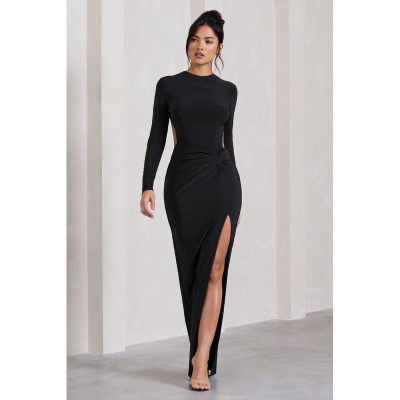 Miley | Black Long-Sleeve Open-Back Wrap Maxi Dress