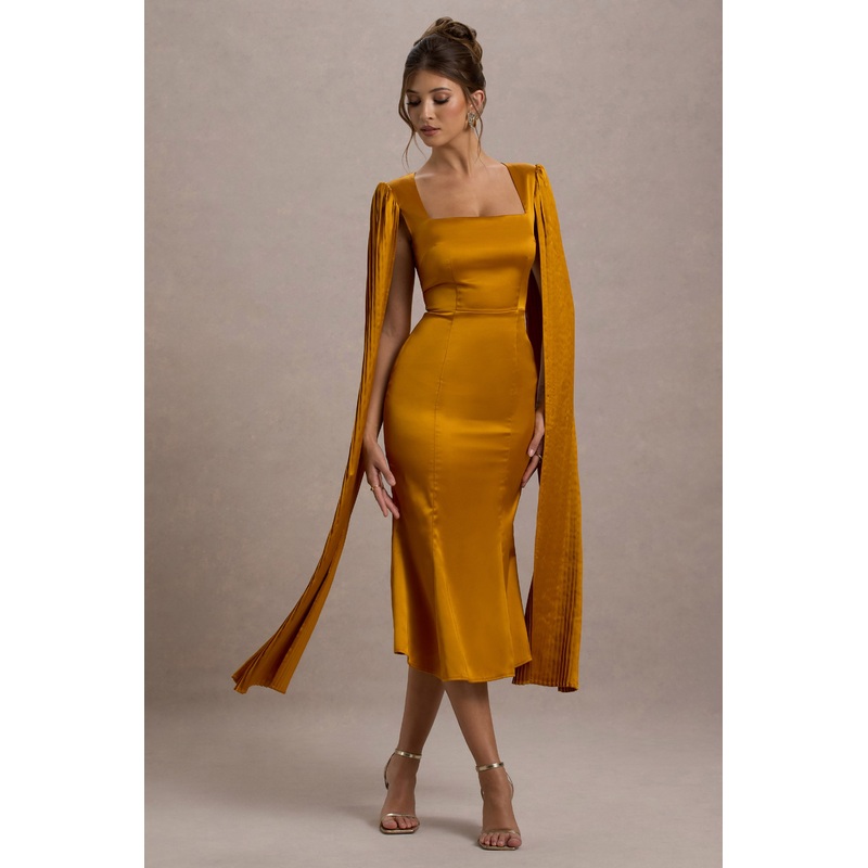 Nalda | Mustard Square-Neck Midi Dress With Cape Sleeves