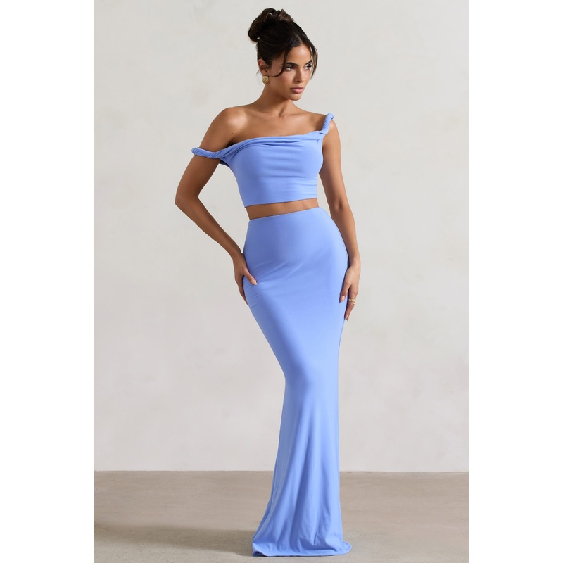 Neve | Blue Gathered Maxi Skirt