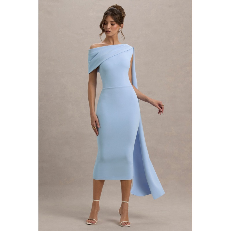 Niamh | Powder Blue Asymmetric Midi Dress With Drape