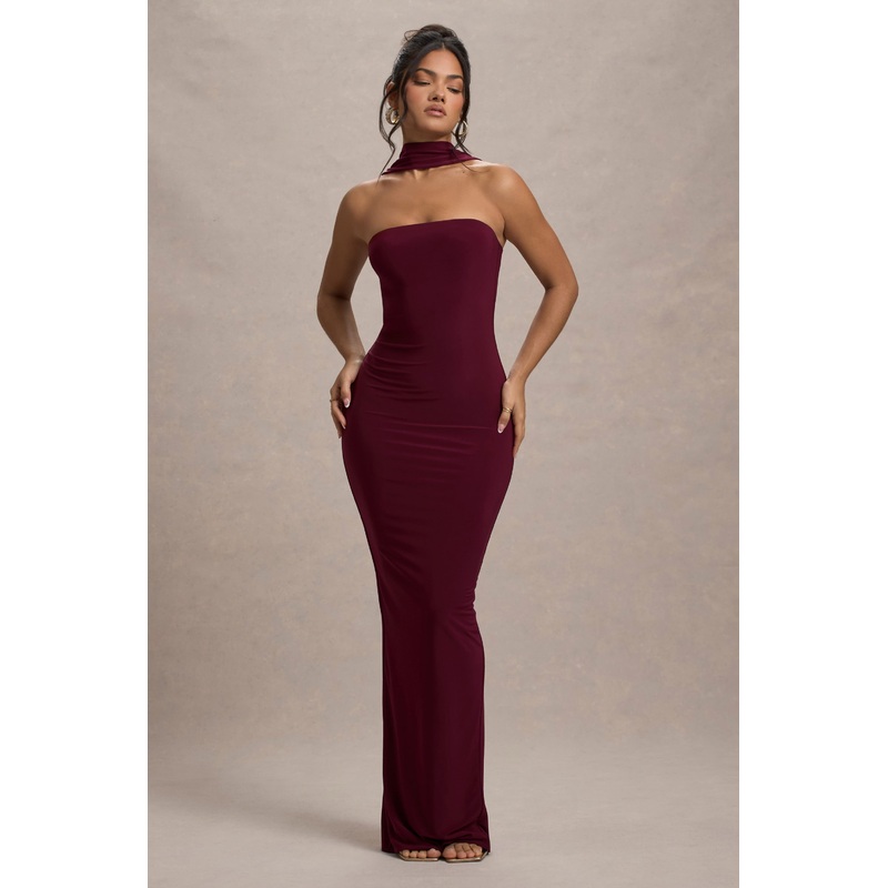 Nobu | Burgundy Bandeau Maxi Dress With Halter-Collar