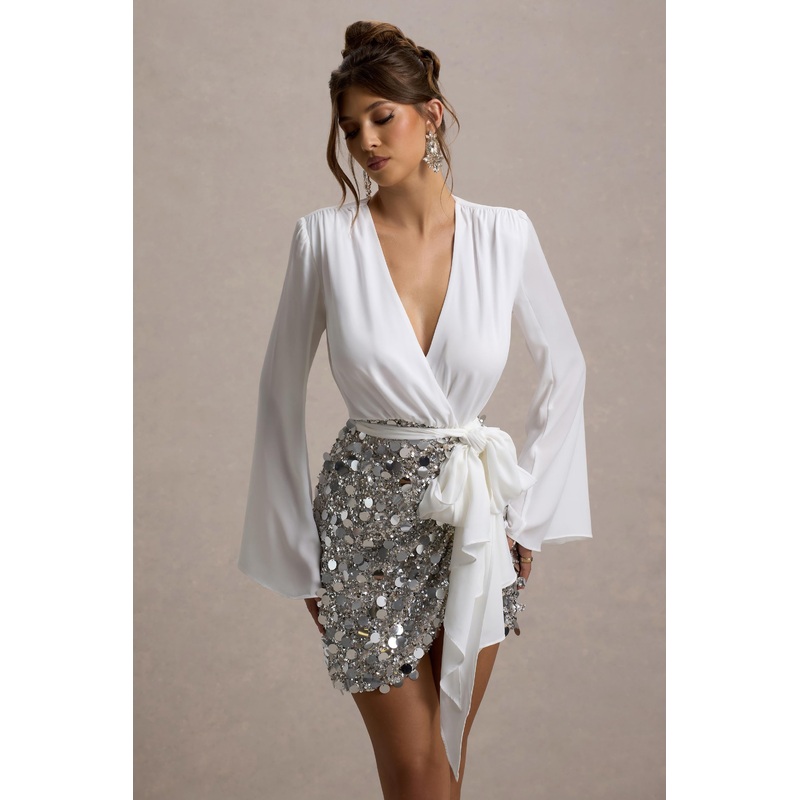 Norah | White Chiffon Plunge-Neck Wrap Mini Dress With Sequin Skirt