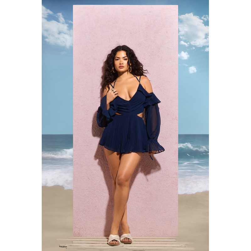 Oceane | Navy Pleated Plunge-Neck Balloon-Sleeve Playsuit