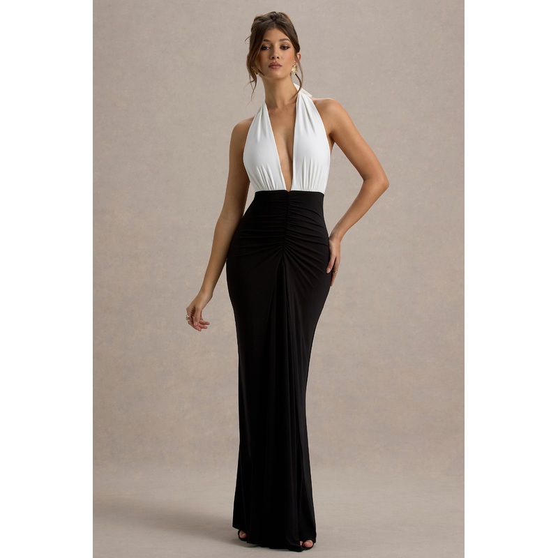 Payton | Black & White Ruched Halter-Neck Maxi Dress