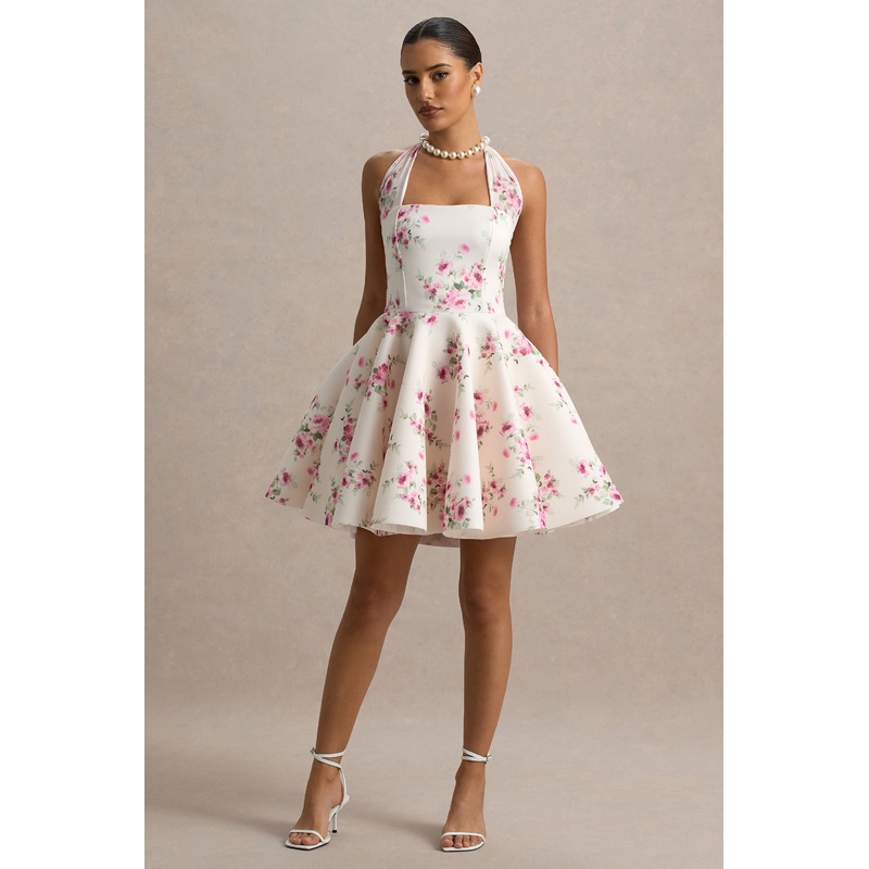 Peggy | Cream and Pink Halter-Neck Skater Mini Dress