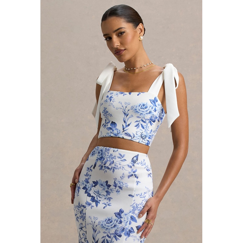 Phoebe | Blue Porcelain Print Crop Top With Tie Straps Tie