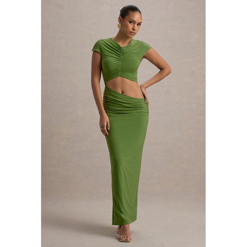 Pia | Green Short-Sleeve Maxi Dress With Cut-Out