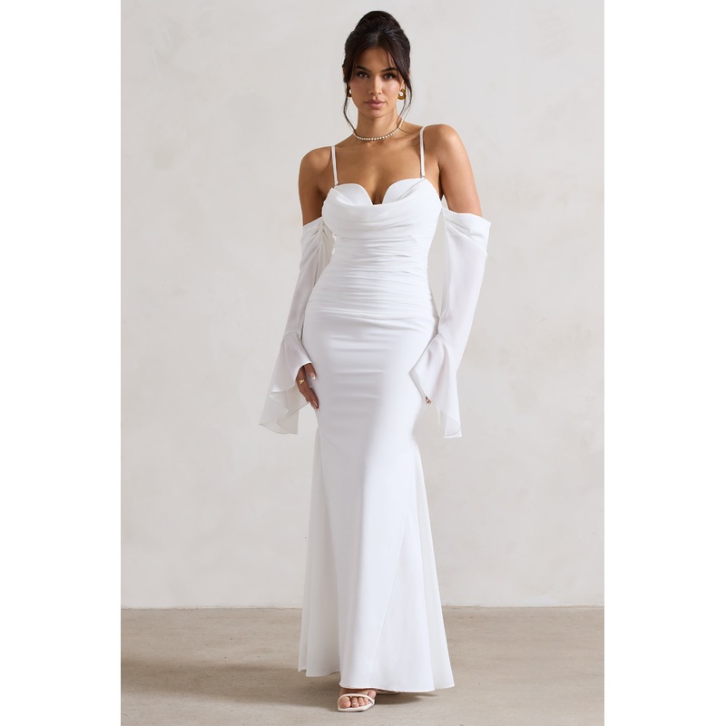 Rhiannon | Cream Draped Flared-Sleeve Fishtail Maxi Dress