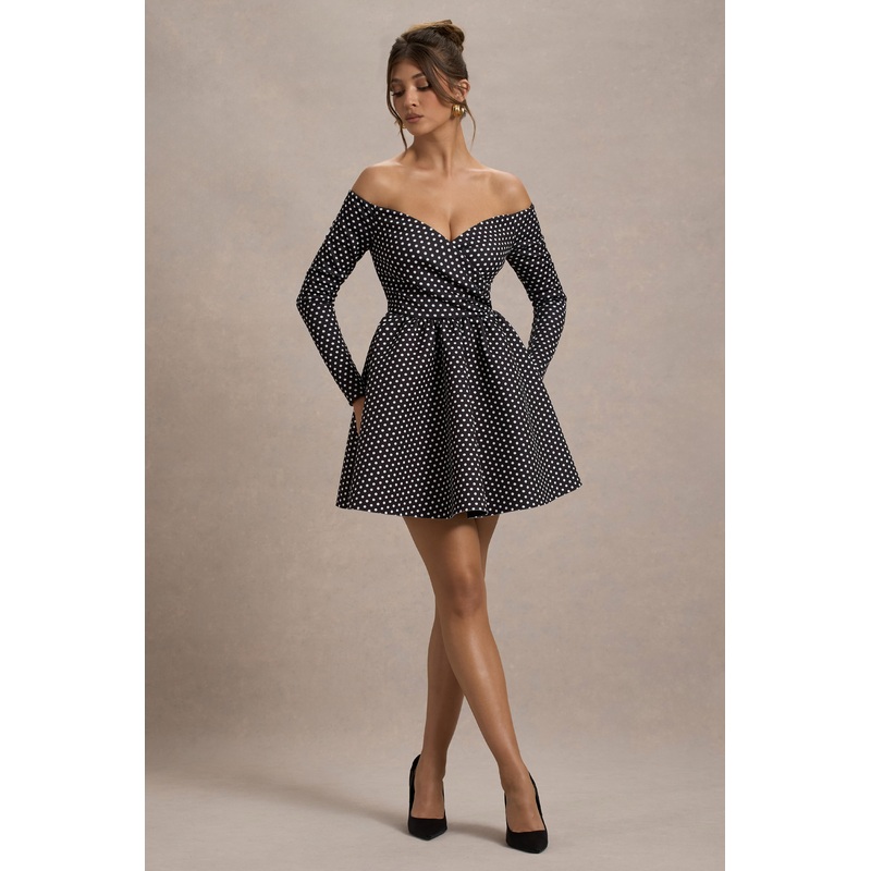 Riva | Black Polka Dot Bardot Long-Sleeve Mini Dress