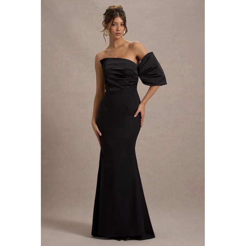 Rosora | Black Asymmetric One-Sleeve Fishtail Maxi Dress