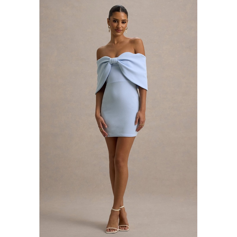 Sadie | Powder Blue Bow Bardot Mini Dress