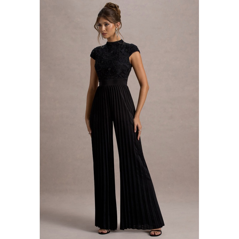 Tanner | Black Cap-Sleeve Plisse Wide-Leg Jumpsuit