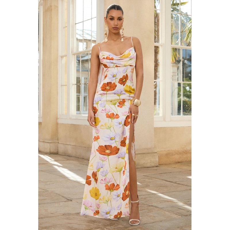 Thames | Bright Floral Print Satin Cowl-Neck Maxi Dress