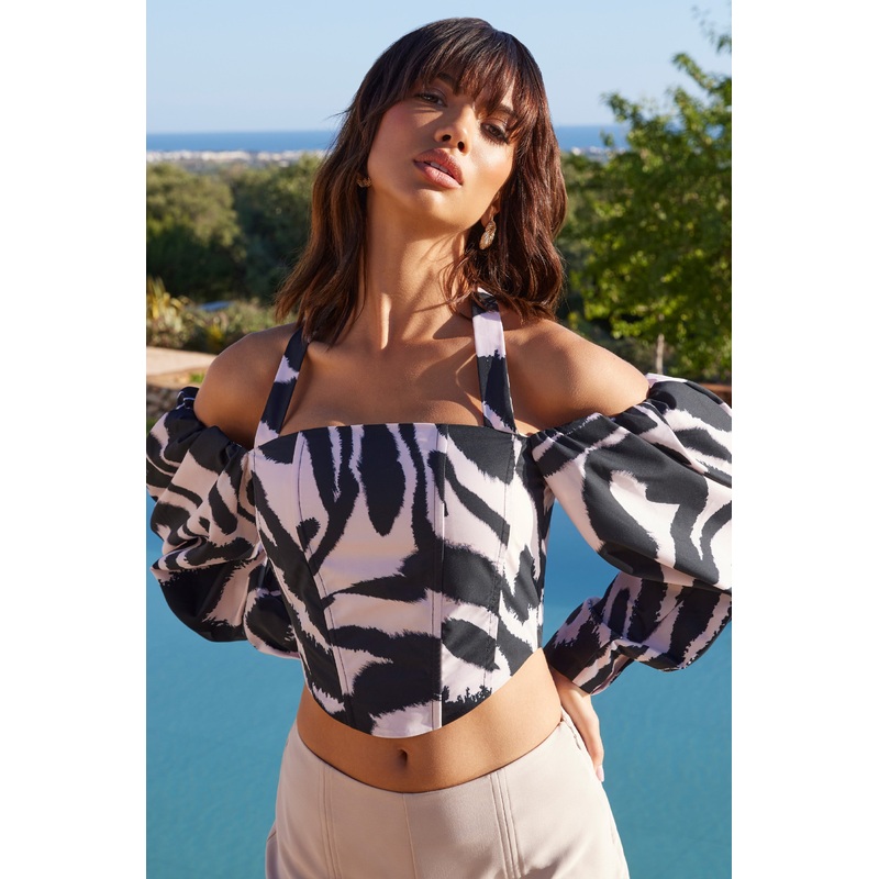 Theatric | Zebra Print Halter-Neck Corset Top With Puff-Sleeves
