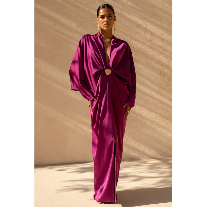 Tina | Pink Satin Plunge-Neck Embellished Maxi Dress