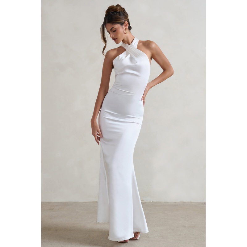 Unbeatable | White Satin Cross Over Halter-Neck Maxi Dress