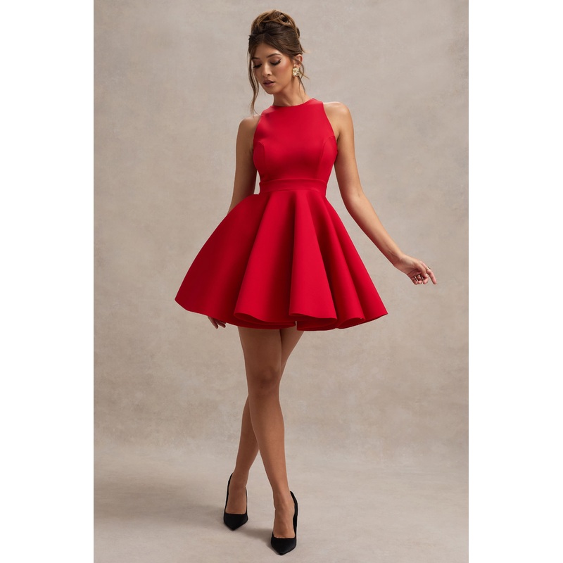 Waverly | Red Racer-Neck Sleeveless Skater Mini Dress