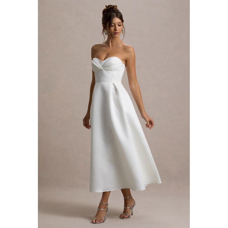 Wintour | White Satin Sweetheart Midi Dress
