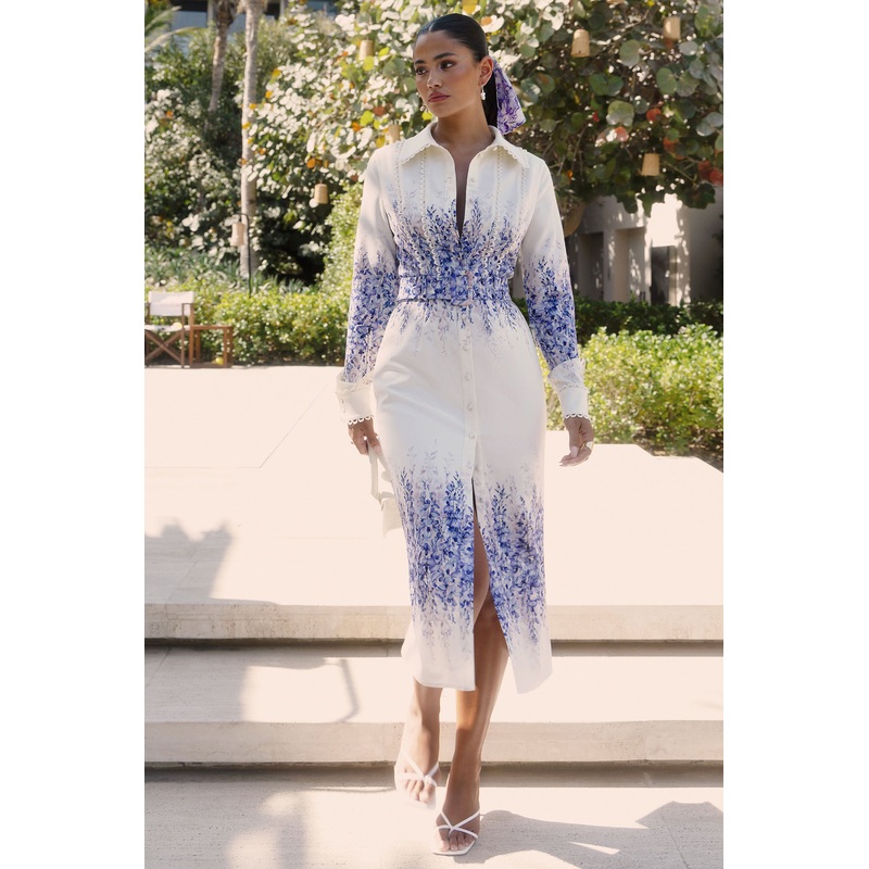 Zephy | Wisteria Print Belted Shirt Midi Dress