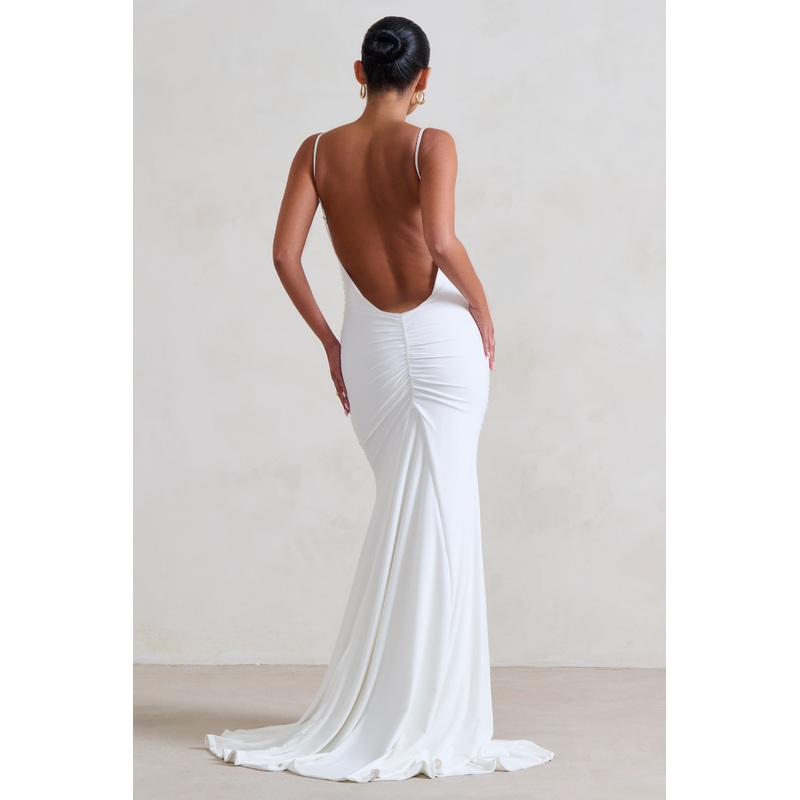 Adele | White Ruched Fishtail Cami Maxi Dress