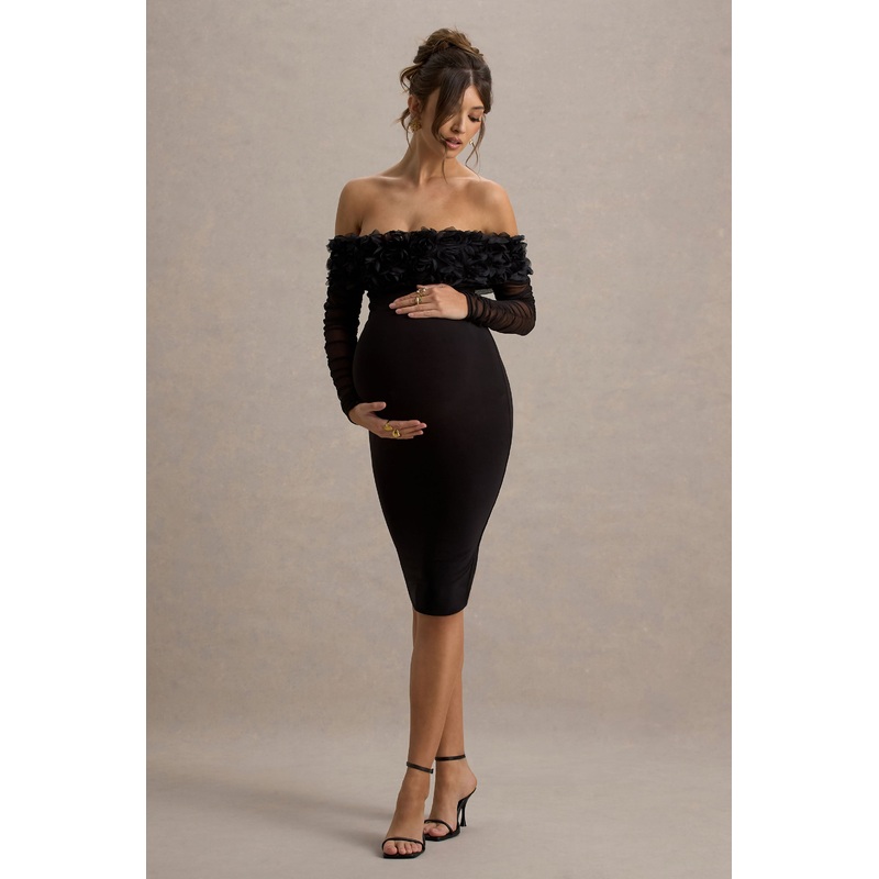 Adita | Black Mesh Floral Bardot Maternity Midi Dress