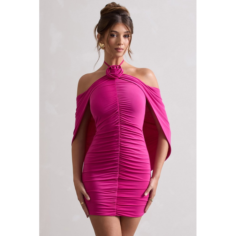 Adriana | Dark Pink Ruched Halter-Neck Draped Mini Dress With Corsage