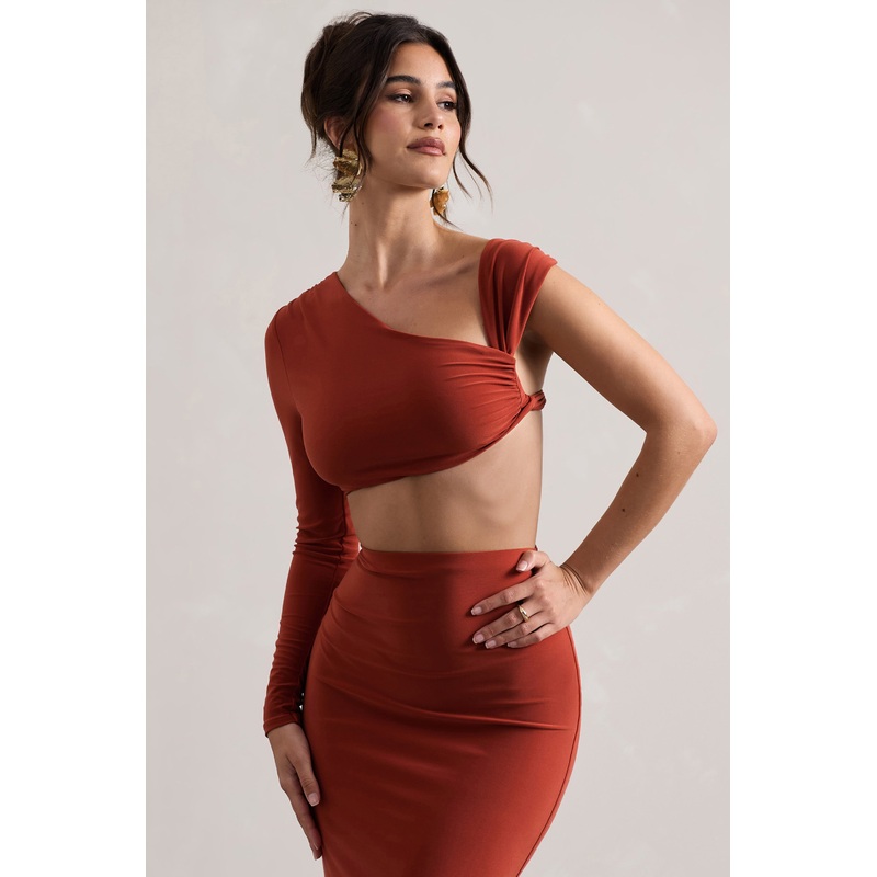 Agalia | Terracotta Ruched Asymmetric One-Sleeve Crop Top