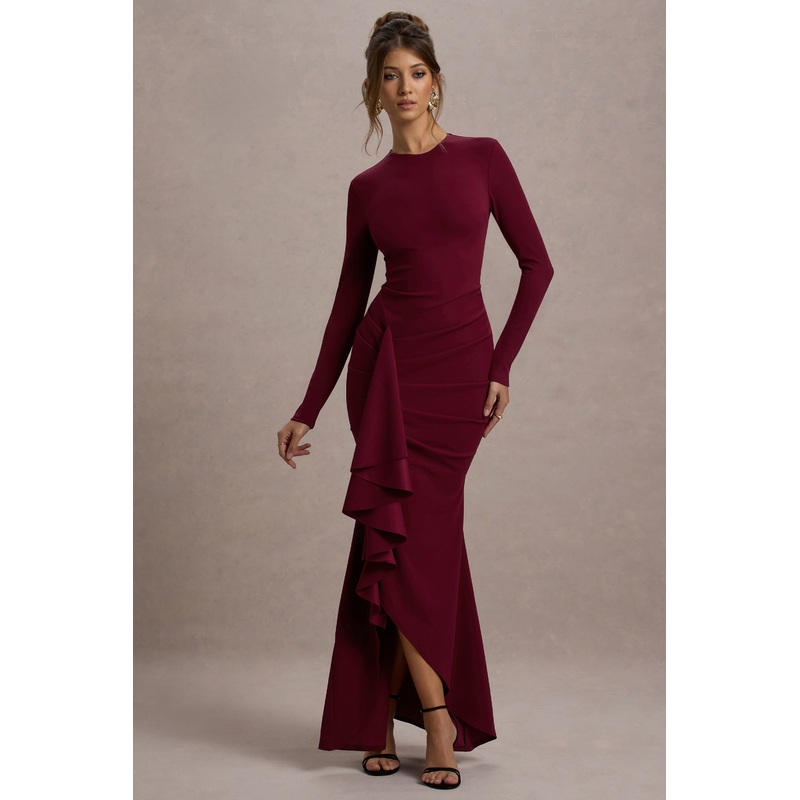 Alayna | Berry Long-Sleeve Maxi Dress With Ruffled Split
