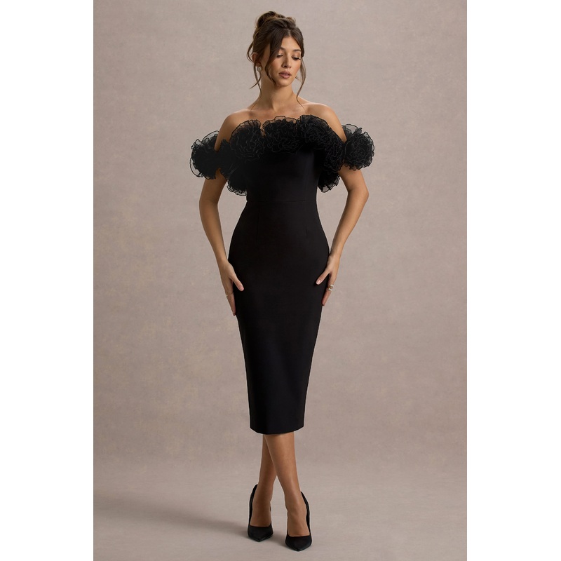 Alizzi | Black Bardot Midi Dress With Ruffle Trim