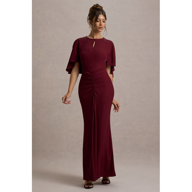 Allison | Berry High-Neck Maxi Dress With Cape