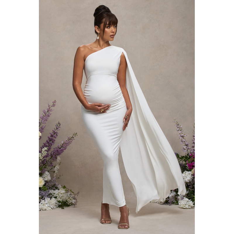 Amaryllis | White Maternity One Shoulder Maxi Dress with Cape Sleeve