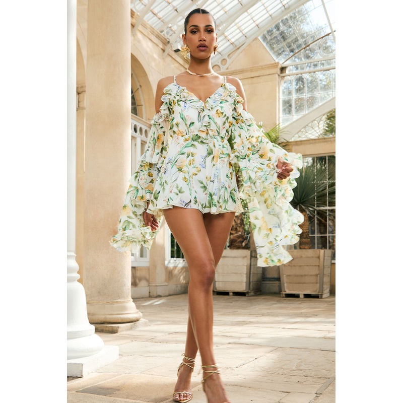 Anaya | White Botanical Print Chiffon Playsuit With Long Sleeves