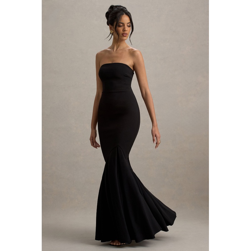 Angela | Black Bandeau Fishtail Maxi Dress