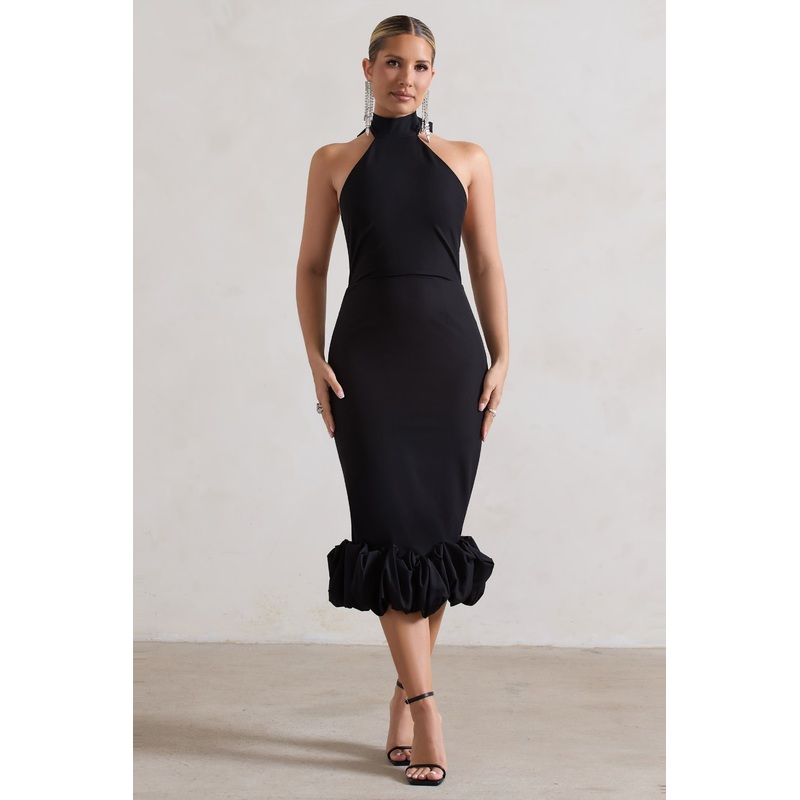 Ashton | Black High-Neck Midi Dress With Ruffle Hem
