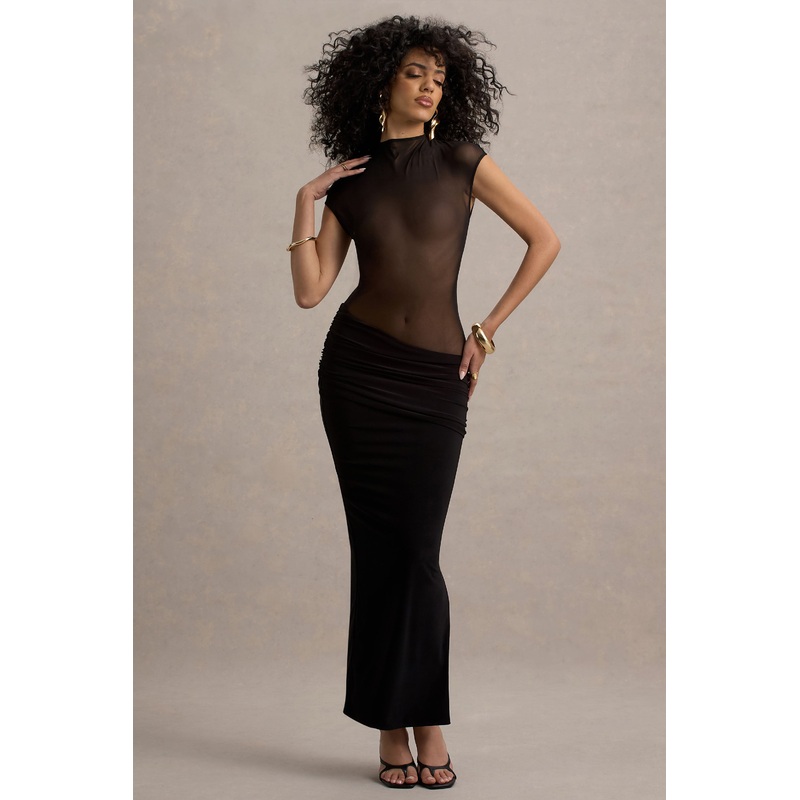 Asia | Black Sheer Short-Sleeve Draped Maxi Dress
