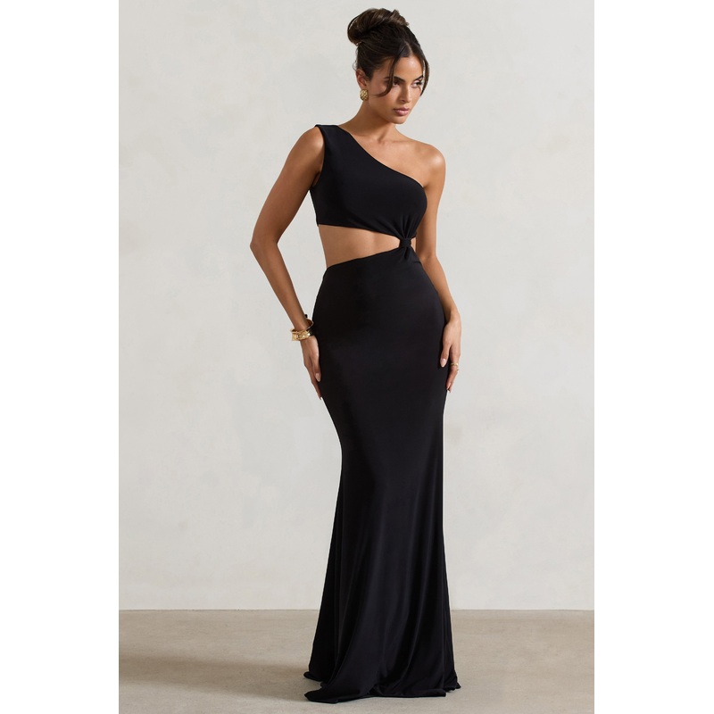 Aspyn | Black Asymmetric Twisted Cut-Out Fishtail Maxi Dress