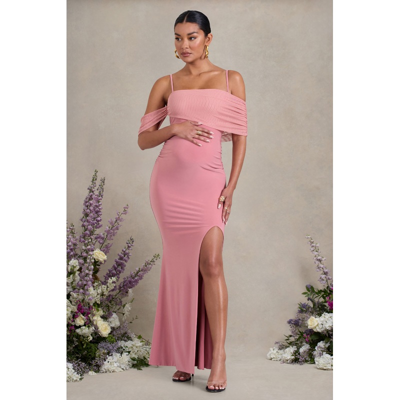 Augusta | Blush Pink Mesh Bardot Strappy Split Maternity Maxi Dress