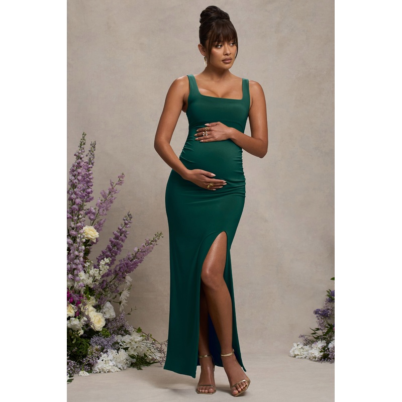 Avril | Bottle Green Square Neck Maternity Maxi Dress with Split