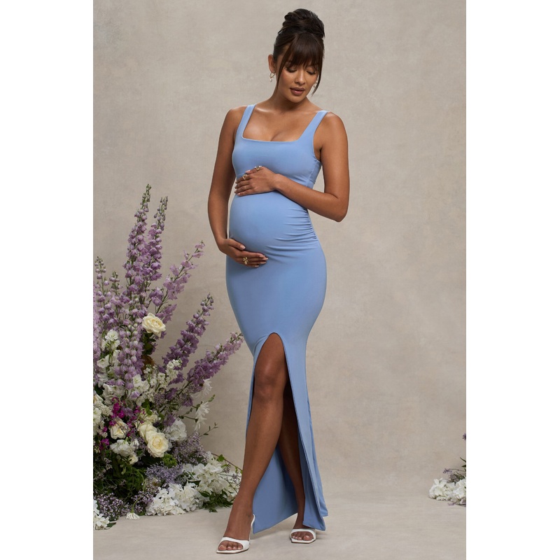 Avril | Powder Blue Square Neck Maternity Maxi Dress with Split