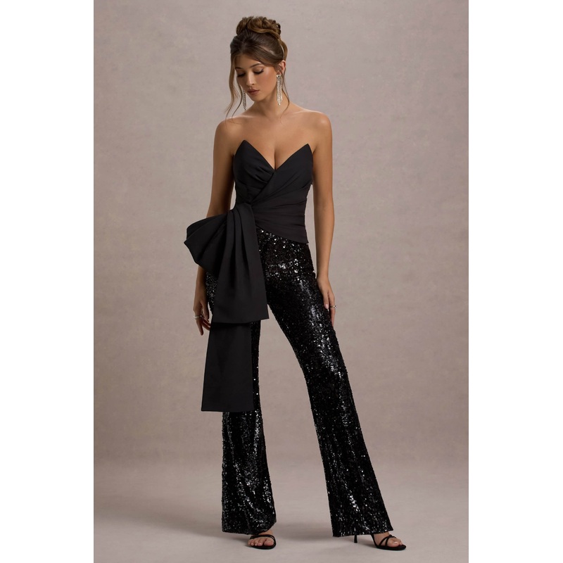Bianco | Black Sequin Strapless Flared-Leg Jumpsuit With Drape