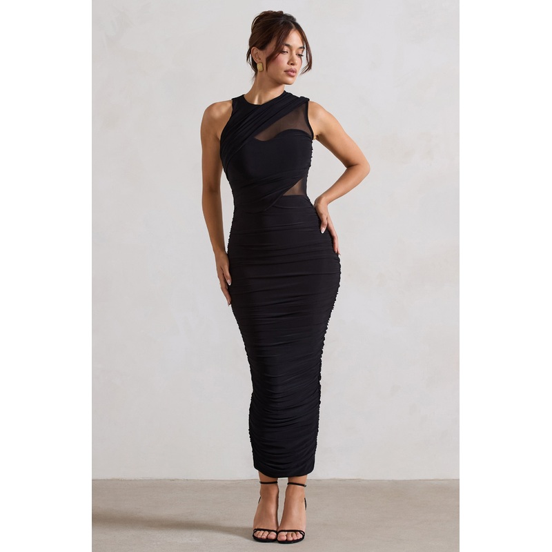 Born With It | Black Sleeveless High-Neck Draped Maxi Dress With Mesh Inserts