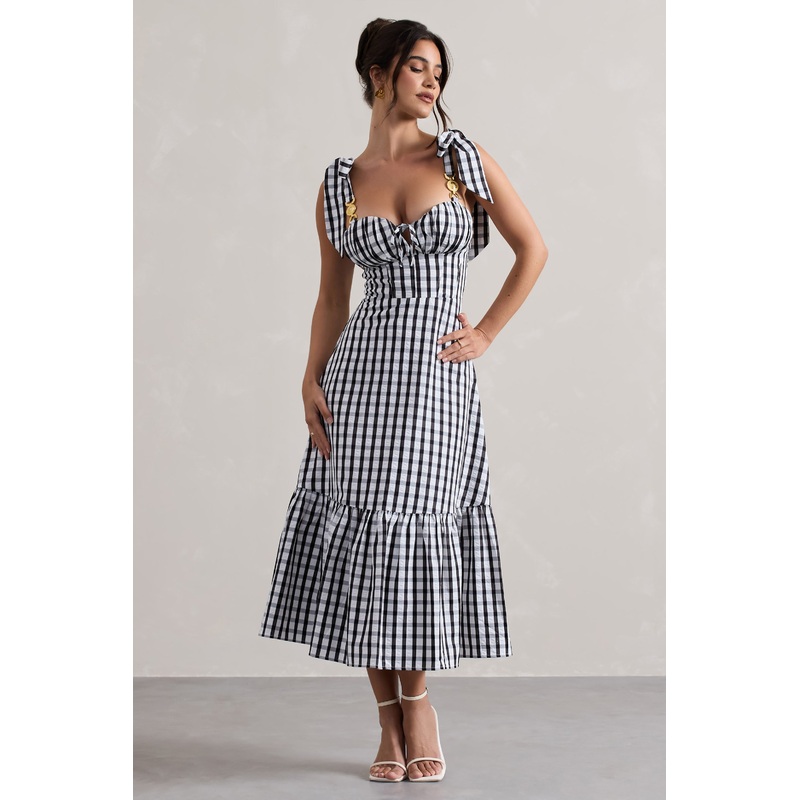 Brighton | Black & White Gingham Sweetheart Midi Dress