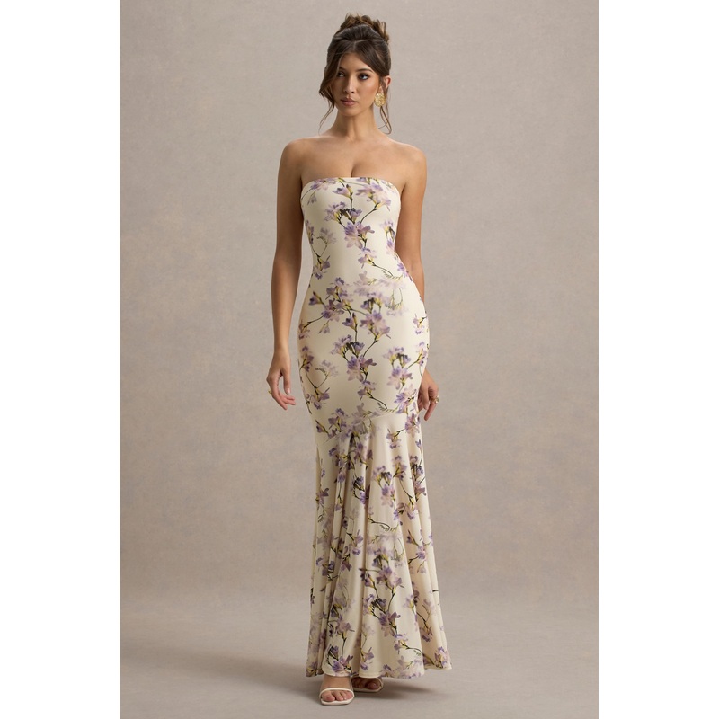 Callie | Lemon Floral Print Bandeau Fishtail Maxi Dress