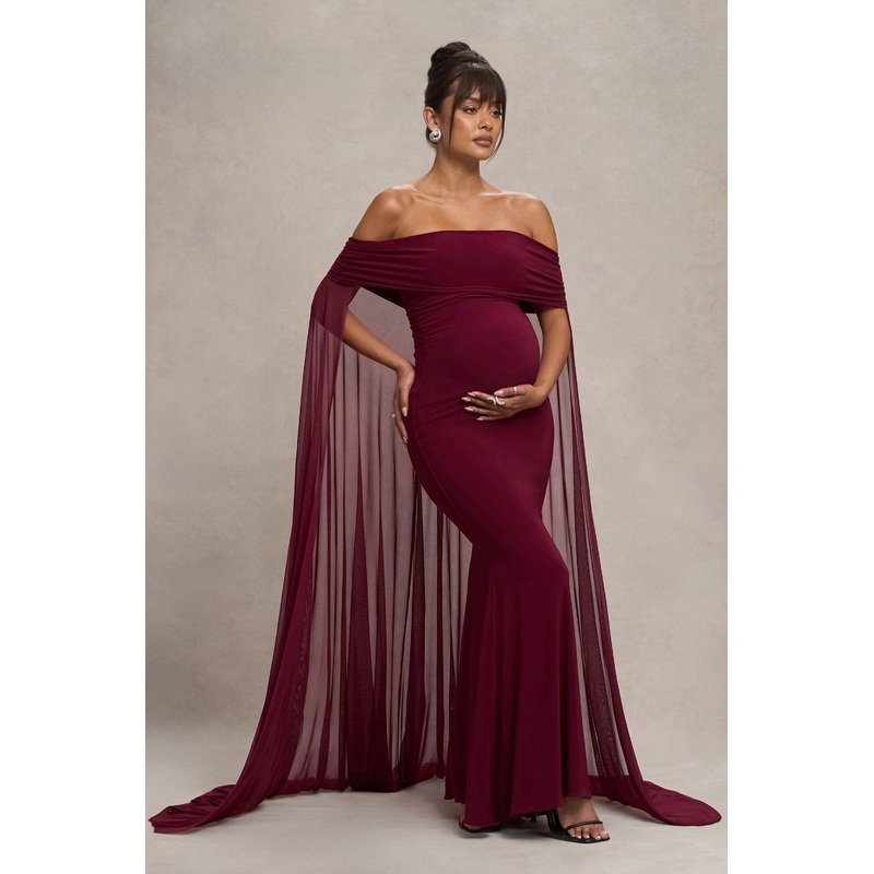 Carlotta | Berry Bardot Maternity Maxi Dress With Chiffon Cape