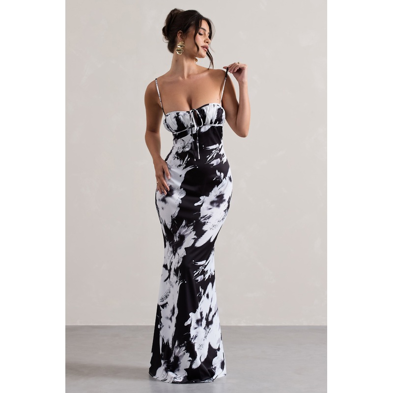 Casablanca | Monochrome Floral Print Satin Sweetheart Maxi Dress